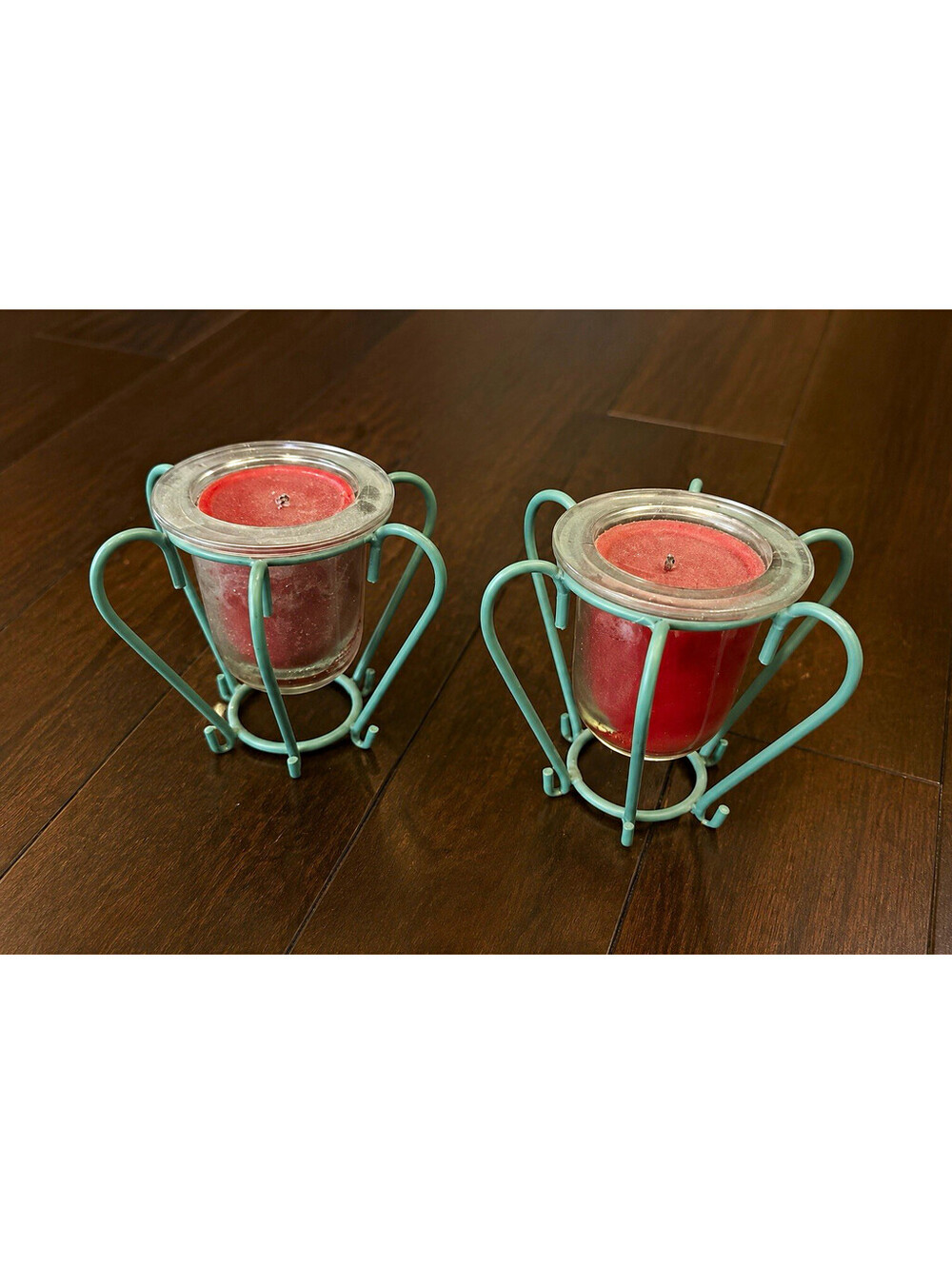 Set of 2 Red Unscented Tea Light Candles Round Wax in Metal Holders Small